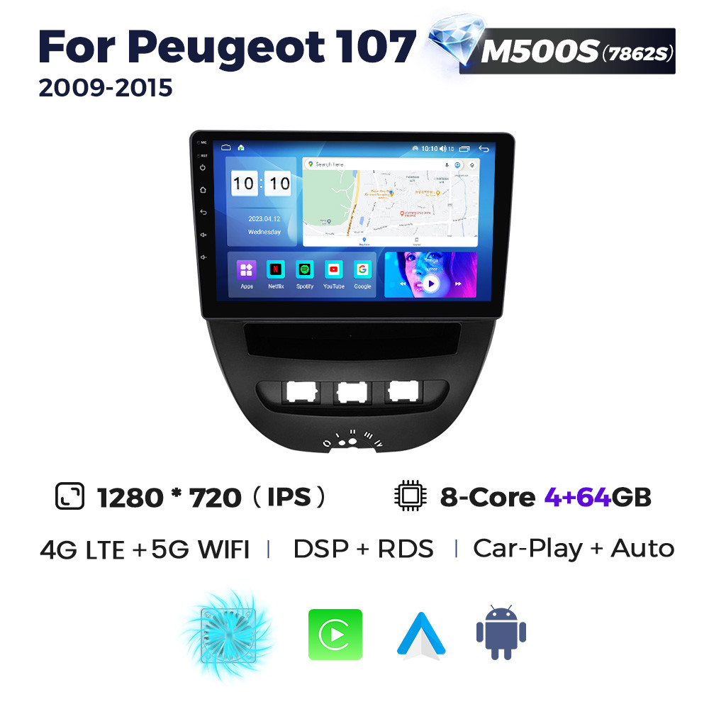 5288309470_shtatna-magnitola-peugeot Штатна магнітола Peugeot 107, Toyota Aygo, Citroen C1 (2005-2014) M500 (4/64 Гб), HD (1280x720) QLED, GPS + 4G + CarPlay - Зображення 1