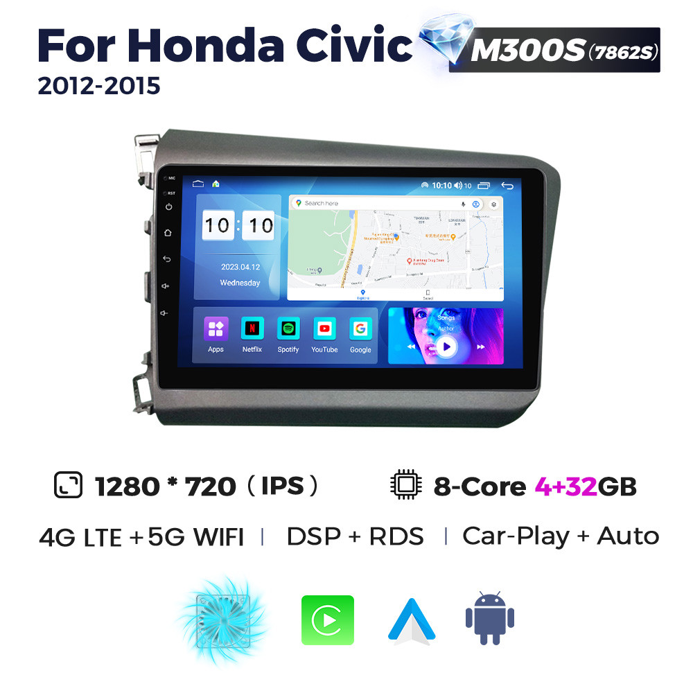 5314355280_shtatna-magnitola-honda Штатна магнітола Honda Civic 9 (2012-2015) M300 (4/32 Гб), HD (1280x720) QLED, GPS + 4G + CarPlay - Зображення 1