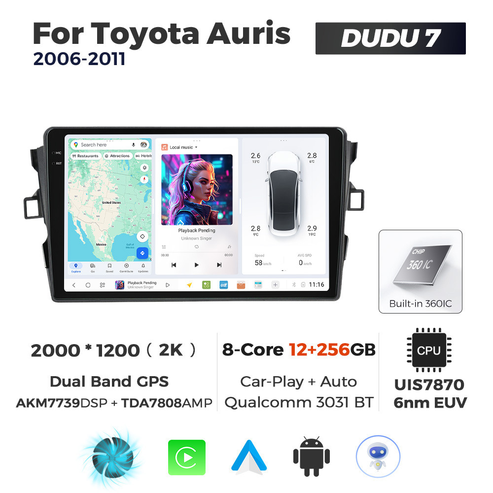 6575842642_shtatna-magnitola-toyota Штатна магнітола Toyota Auris 1 (2006-2011) DUDU 7, 8/256 2K (2000x1200) QLED, GPS + 4G + CarPlay - Зображення 1
