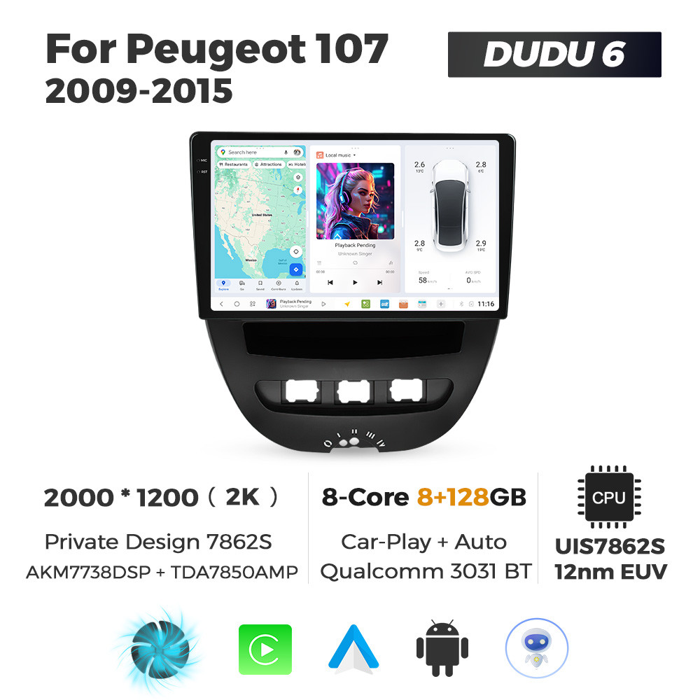 6589513930_shtatna-magnitola-peugeot Штатна магнітола Peugeot 107, Toyota Aygo, Citroen C1 (2005-2014) DUDU 6, 8/128 - Зображення 1