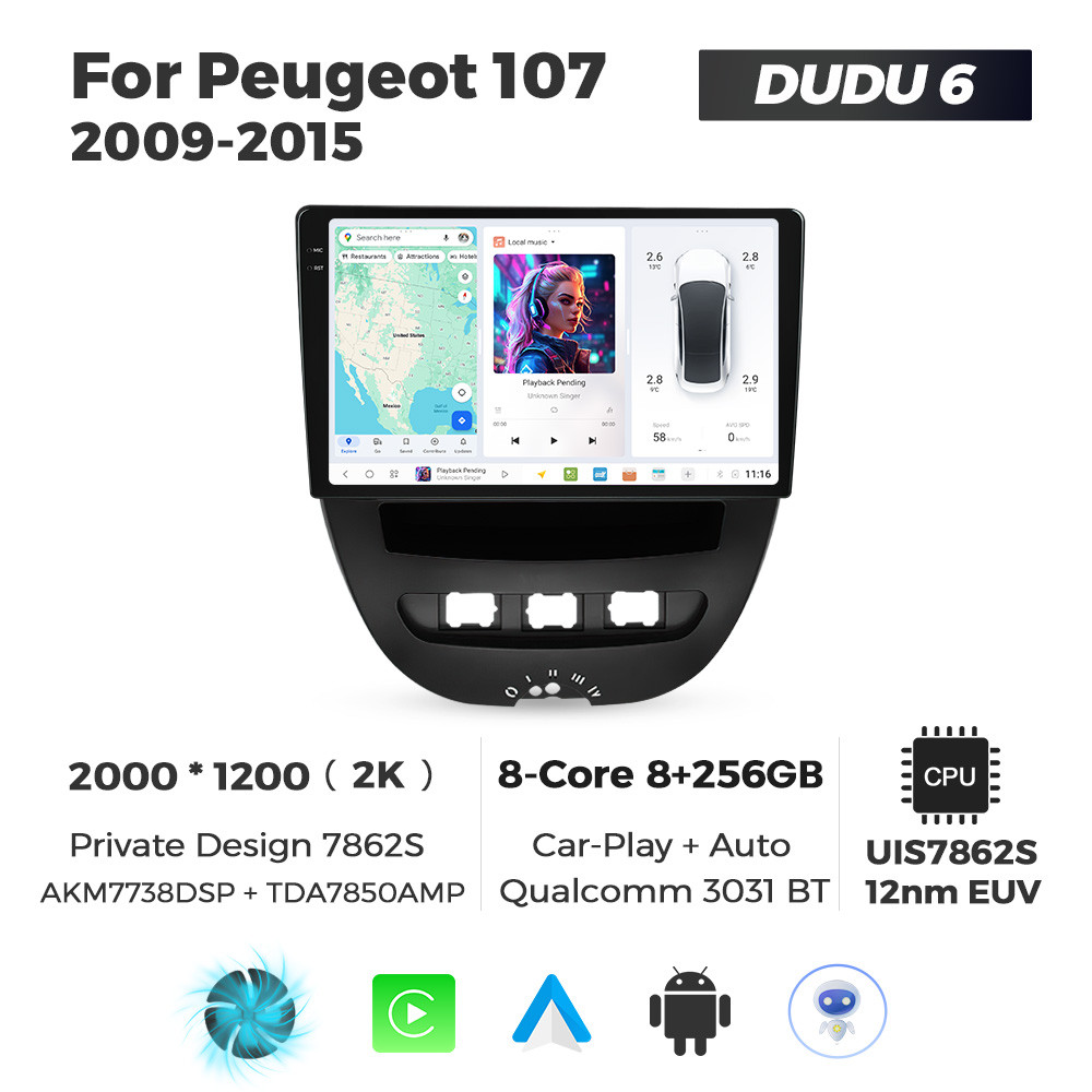 6589514634_shtatna-magnitola-peugeot Штатна магнітола Peugeot 107, Toyota Aygo, Citroen C1 (2005-2014) DUDU 6, 8/256 - Зображення 1