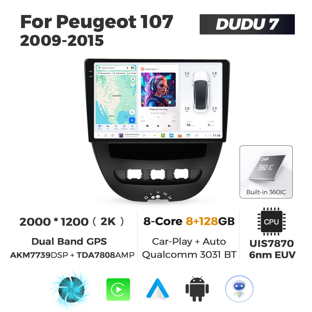 6589515549_shtatna-magnitola-peugeot Штатна магнітола Peugeot 107, Toyota Aygo, Citroen C1 (2005-2014) DUDU 7, 8/256 - Зображення 1