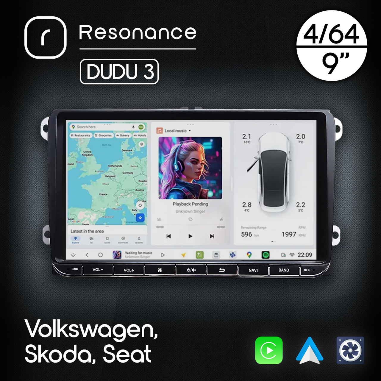 6974505291_magnitola-volkswagen-skoda Магнітола Volkswagen Skoda Seat, DUDU 3, 4/64, 9" - Зображення 1