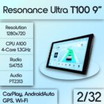 Універсальна 2-DIN магнітола Resonance Ultra 9" T100 (2/32 Гб), HD (1280x720) IPS, GPS Wi-Fi