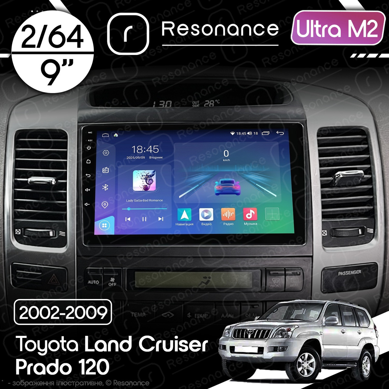 7258926784_magnitola-toyota-land Магнітола Toyota Land Cruiser Prado 120 (2002-2009) Resonance Ultra M2 2/64, 9" QLED - Зображення 1