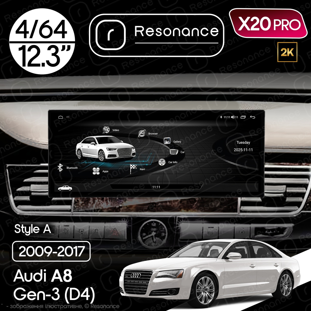 7297710338_magnitola-audi-a8 Магнітола Audi A8 3 (D4/4H) S8 A8L (2009-2017) Resonance X20 PRO 4/64 12.3" 2K QLED (Audi Style) - Зображення 1