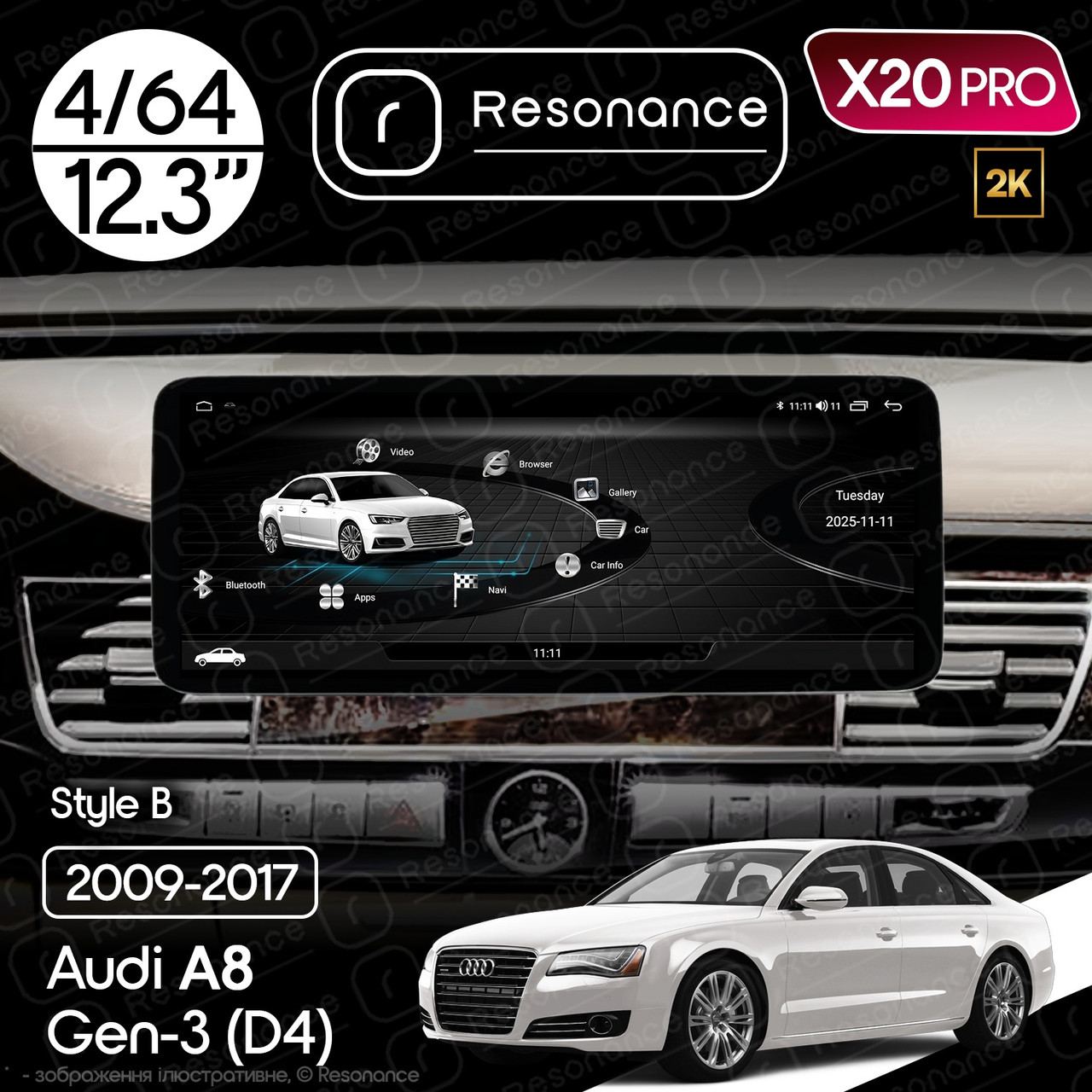 7297710349_magnitola-audi-a8 Магнітола Audi A8 3 (D4/4H) S8 A8L (2009-2017) Resonance X20 PRO 4/64 12.3" 2K QLED (Benz Style) - Зображення 1